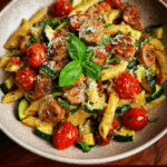Zucchini-Tomaten-Hühnchen-Wurst-Pasta-Pfanne