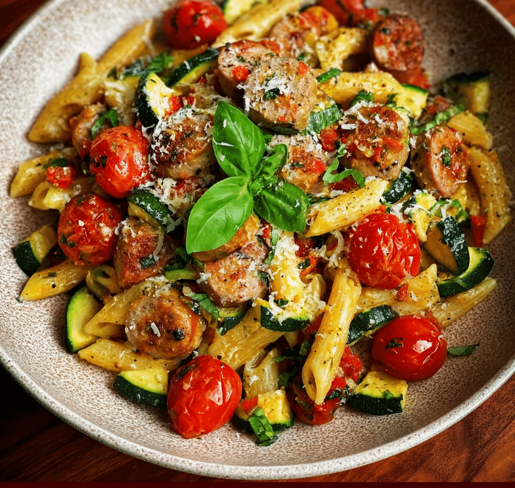 Zucchini-Tomaten-Hühnchen-Wurst-Pasta-Pfanne
