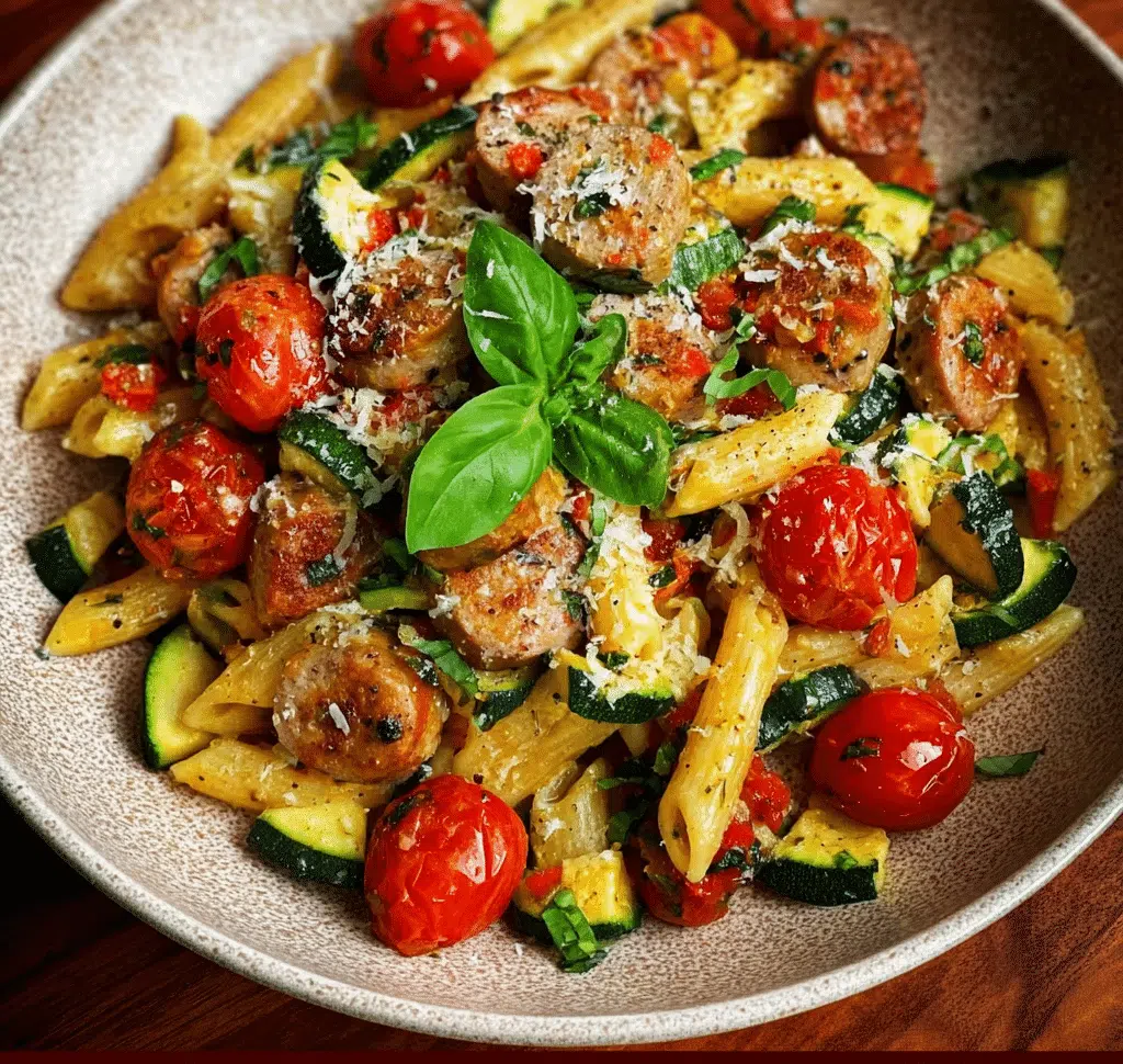 Zucchini-Tomaten-Hühnchen-Wurst-Pasta-Pfanne: Ein schnelles Genussrezept!