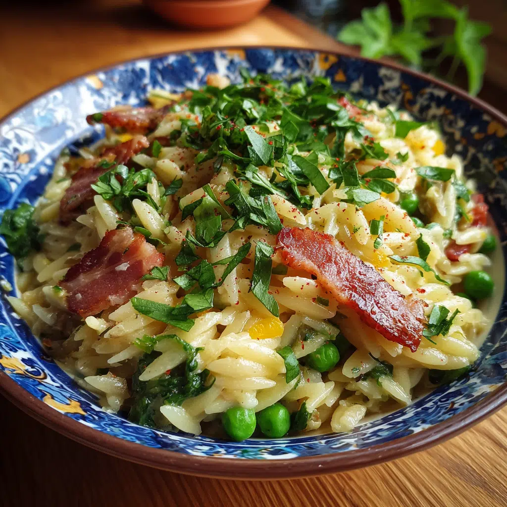 Cremiger Orzo mit grünen Erbsen und knusprigem Speck begeistert Gaumen!