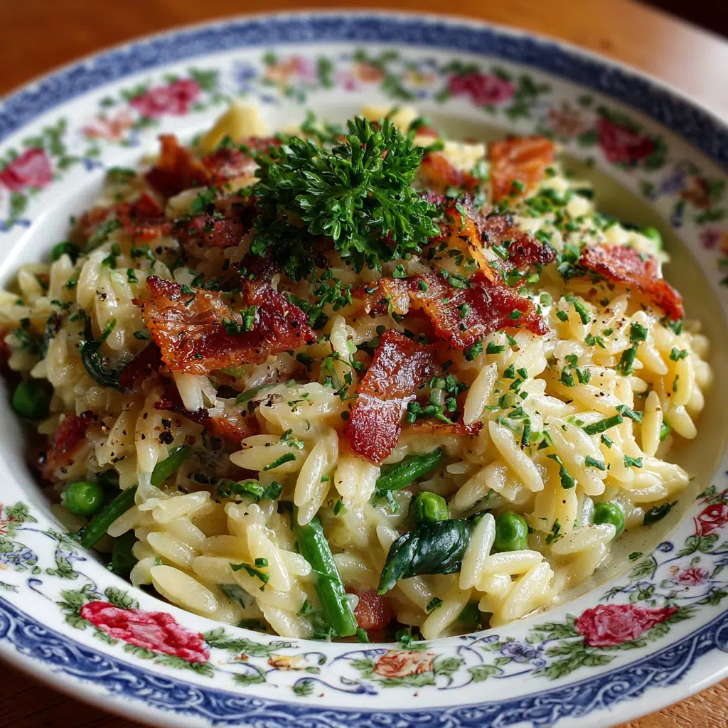 Cremiger Orzo mit grünen Erbsen und knusprigem Speck begeistert Gaumen!