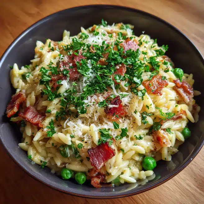 Cremiger Orzo mit grünen Erbsen und knusprigem Speck begeistert Gaumen!
