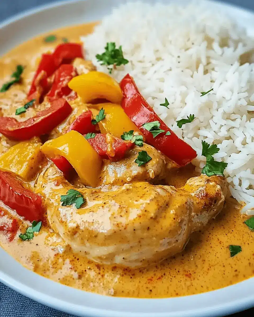 Cremiges Paprika-Hühnchen: Juicy Flavor with Silky Rice Delight