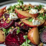 Rote-Bete-Salat mit karamellisierter Birne, Feta und Pistazien-Crunch First Image First Image