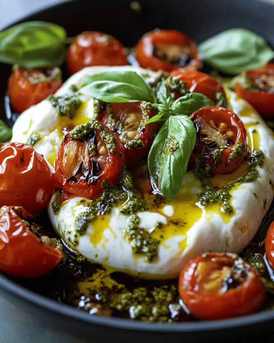 Skillet-Baked Burrata mit gerösteten Tomaten und Pesto First Image First Image