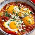 Shakshuka mit Feta, saftigen Tomaten, Paprika und weichgekochten Eiern First Image First Image