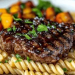 Klebriges Honig-Knoblauch-Steak und Rotini First Image First Image