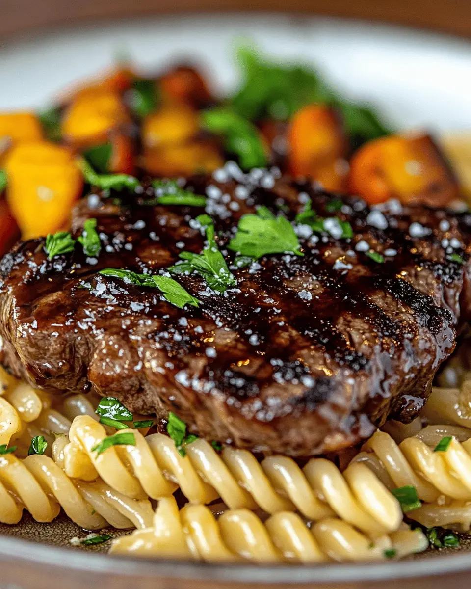 Klebriges Honig-Knoblauch-Steak und Rotini First Image First Image