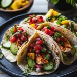 Tacos mit gegrilltem Lachs, Erdbeer Salsa und Gurken Mango Salat Rezept First Image First Image