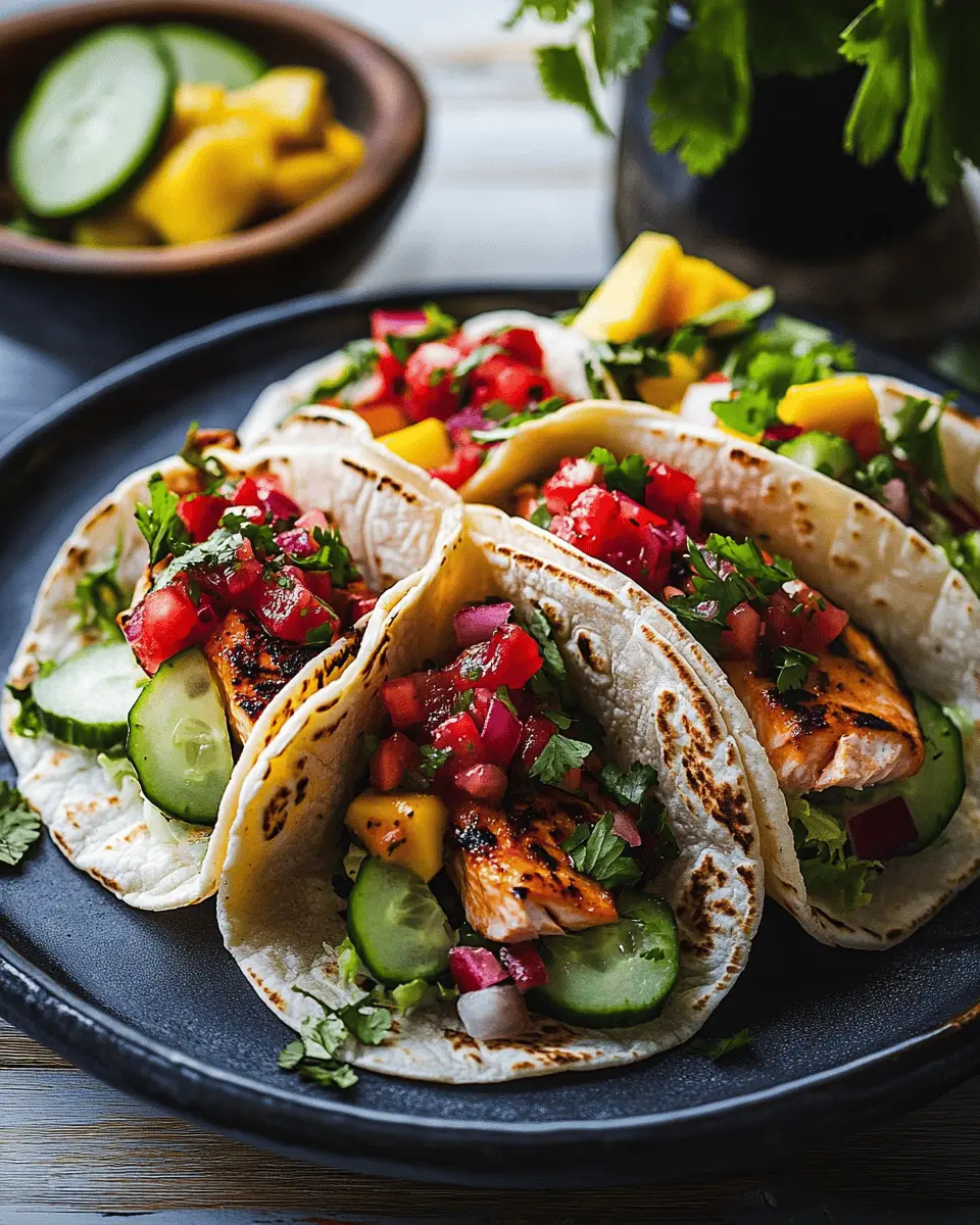 Tacos mit gegrilltem Lachs, Erdbeer Salsa und Gurken Mango Salat Rezept First Image First Image