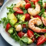 Frischer Garnelensalat mit Erdbeeren und Avocado First Image First Image