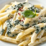 Penne mit Gorgonzola-Sahne-Sauce, Blattspinat & rosa Beeren First Image First Image