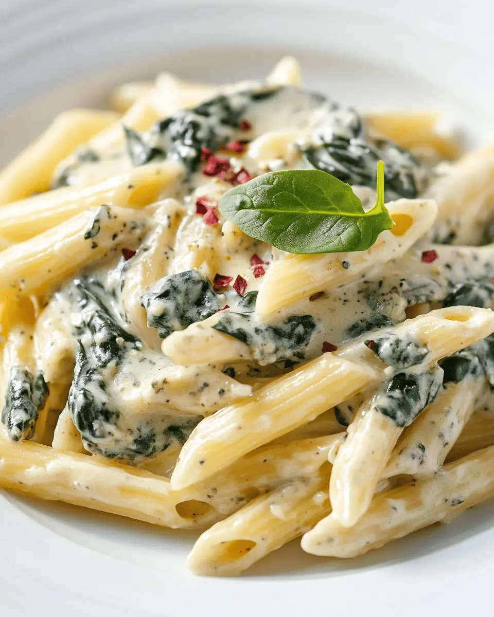 Penne mit Gorgonzola-Sahne-Sauce, Blattspinat & rosa Beeren First Image First Image
