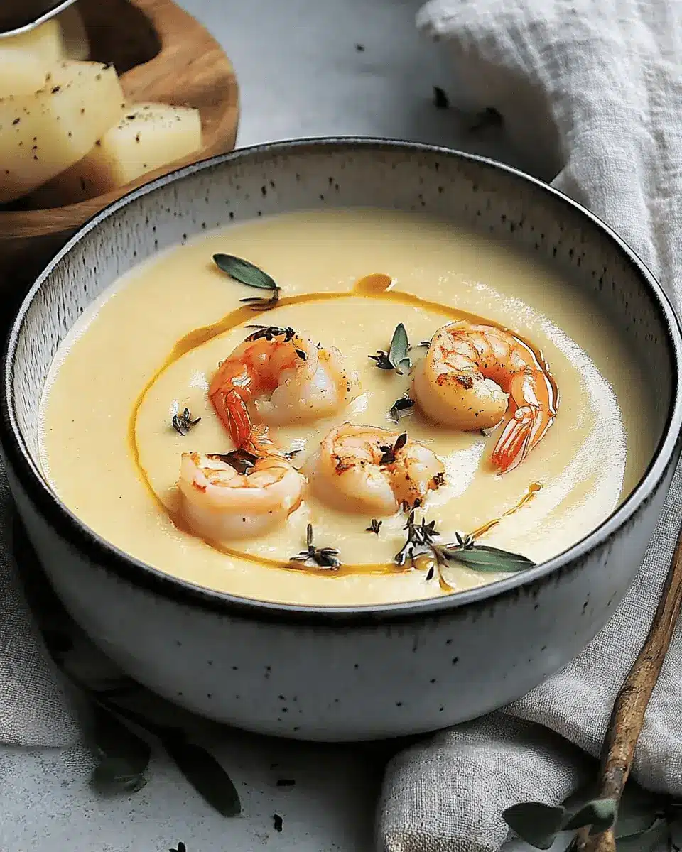 Topinambur-Kartoffel-Cremesuppe mit Garnelen First Image First Image