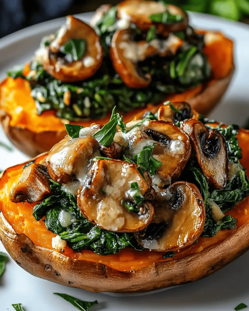 Gefüllte Süßkartoffeln mit Champignons und Spinat First Image First Image
