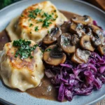 Pilz-Maronen Ragout mit Ofenknödeln und Rotkraut First Image First Image
