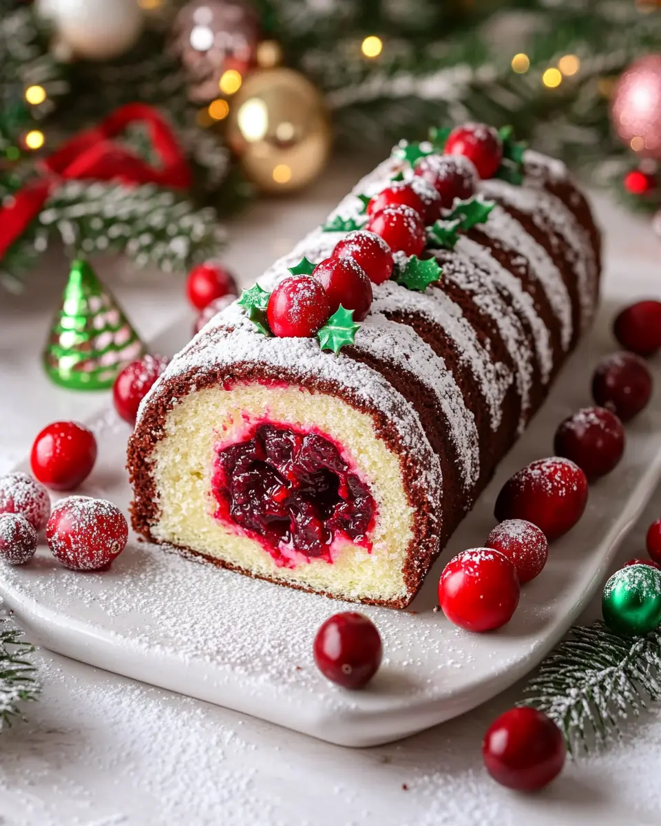 Zweifarbige Weihnachtsbiskuitrolle mit Preiselbeeren First Image First Image