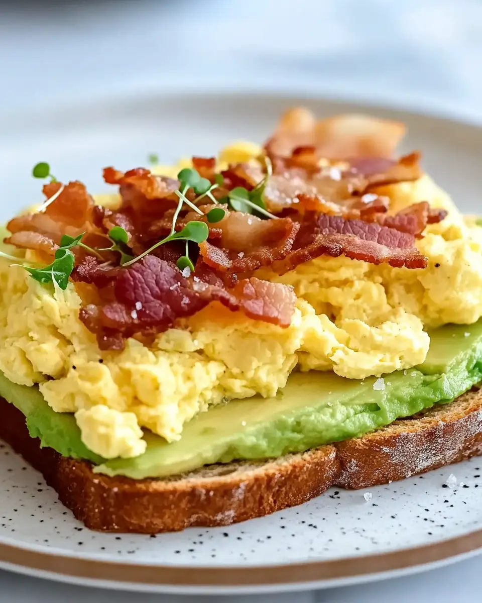 Avocado-Toast mit Rührei und Bacon First Image First Image