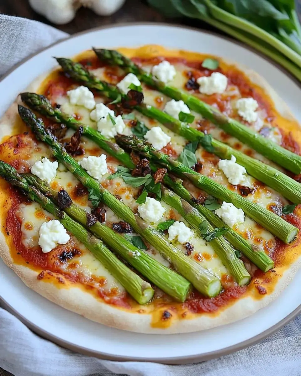 Pizza mit grünem Spargel und Ziegenkäse First Image First Image
