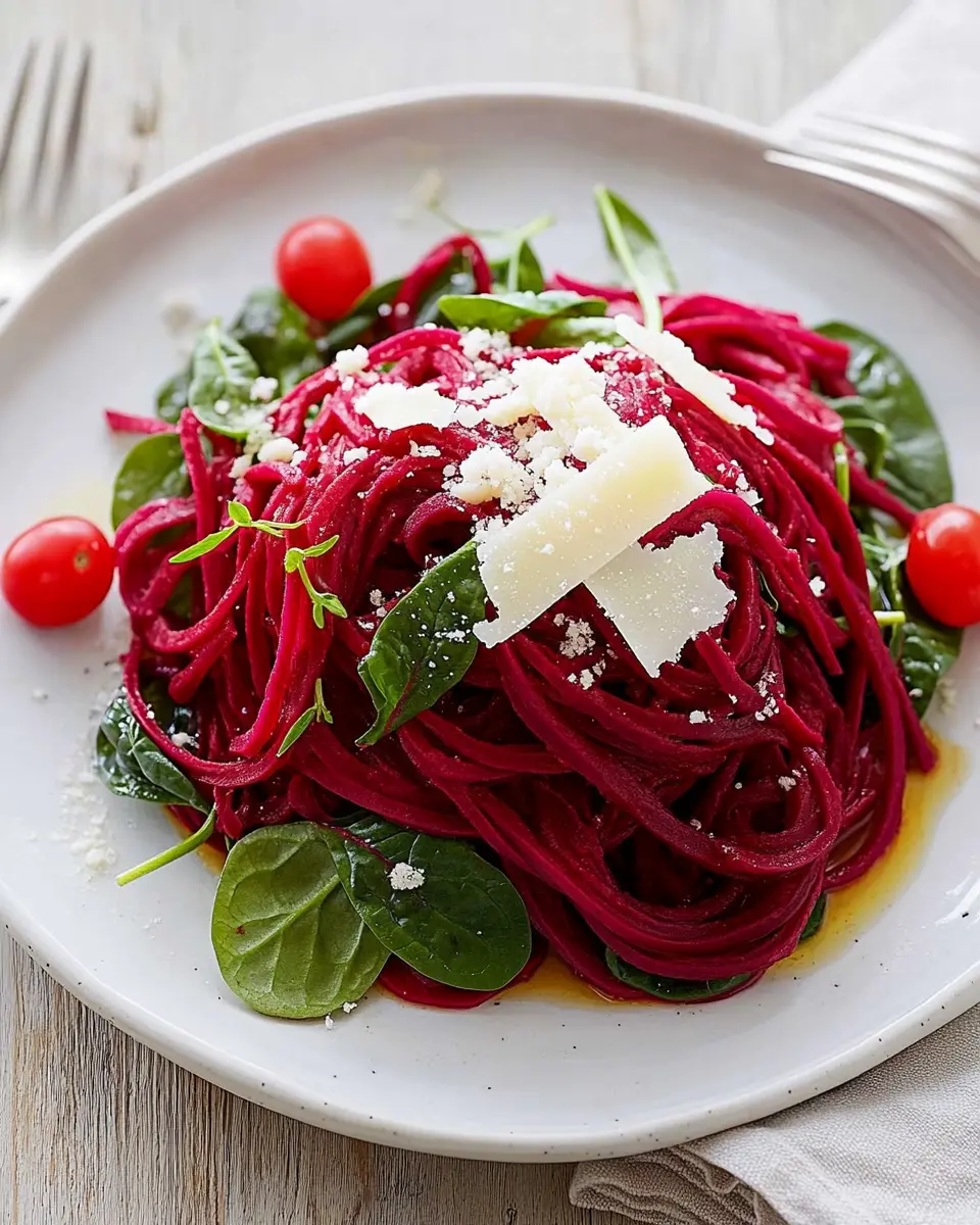 Rote-Bete-Nudeln mit Spinat