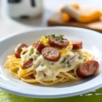 Spaghetti mit Käse-Sahne-Soße und Würstchen First Image First Image