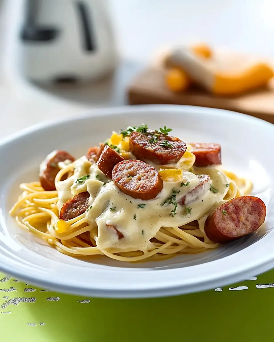 Spaghetti mit Käse-Sahne-Soße und Würstchen First Image First Image