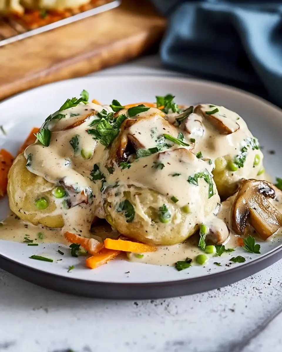 Veggie-Kraft-Knödel an cremigen Champignons First Image First Image