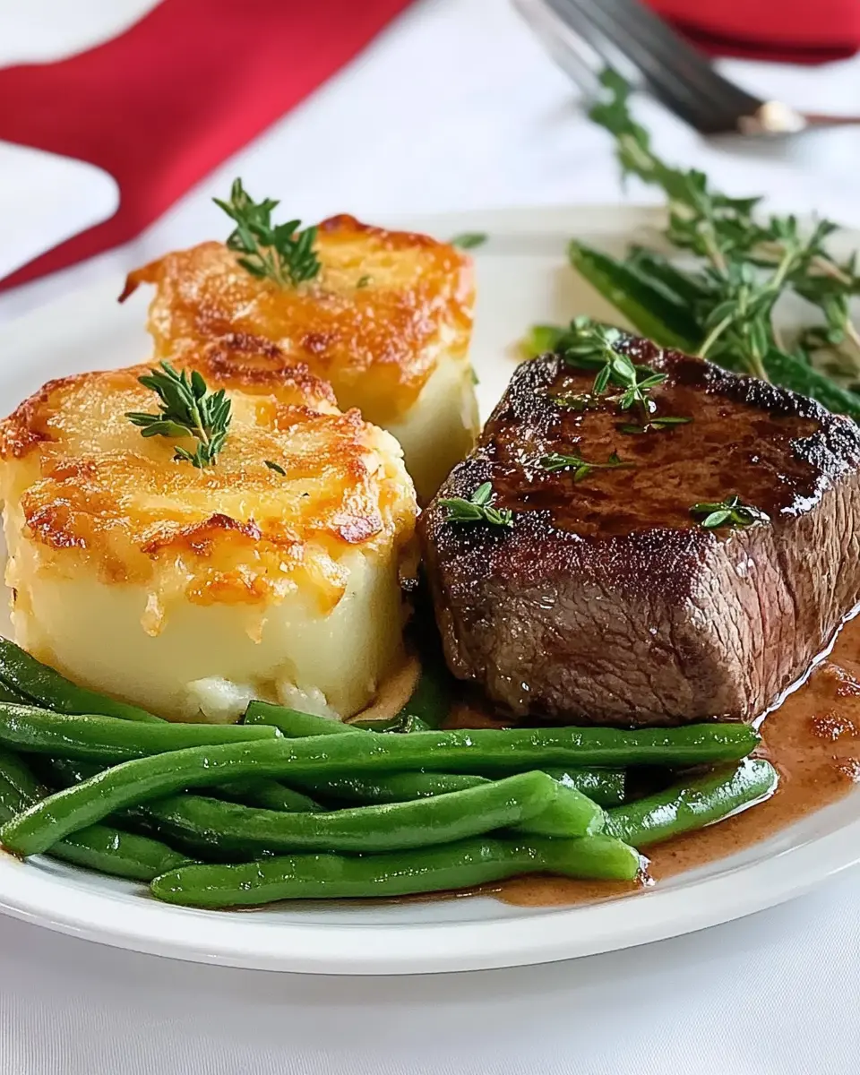Rinderfilet mit Bohnen und Kartoffelgratin First Image First Image