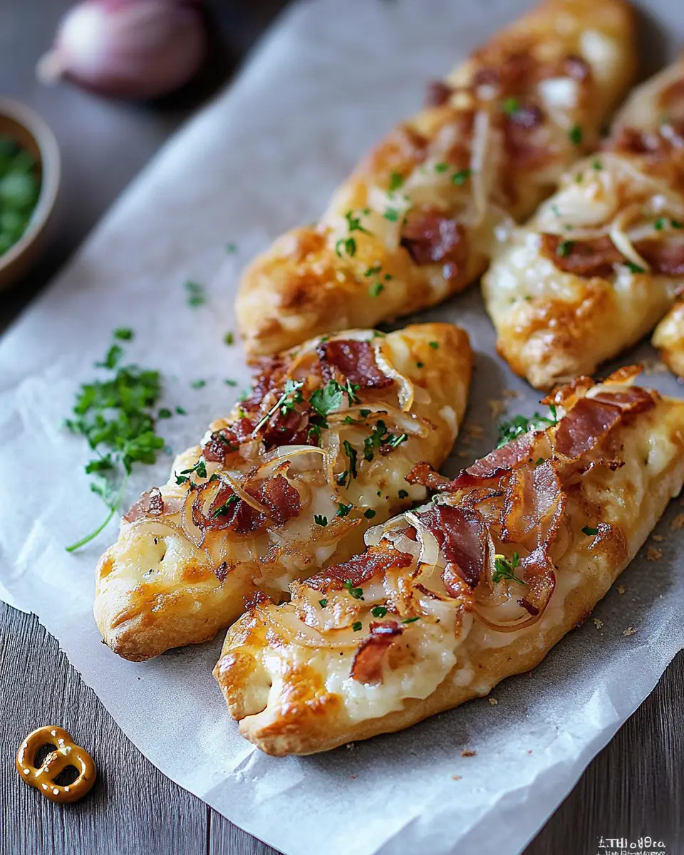 Flammkuchen Laugenstangen mit Speck und Zwiebeln: Irresistibly Crunchy!