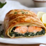 Lachs im Blätterteig mit Spinat als Blätterteigrolle aus dem Ofen First Image First Image