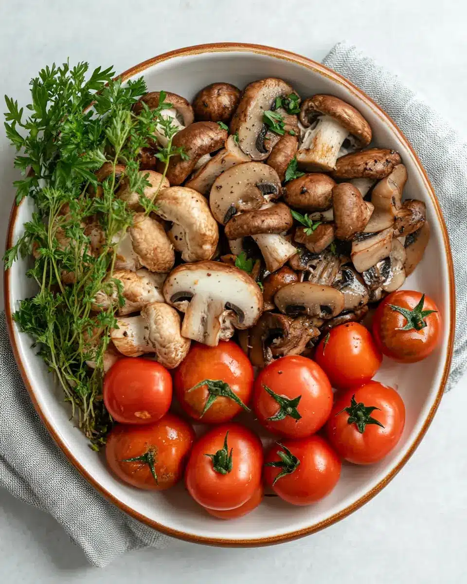 Italienischer Pilzteller mit Tomaten First Image First Image