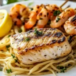 Gegrillter Schwertfisch mit Scampispießen und Linguine First Image First Image