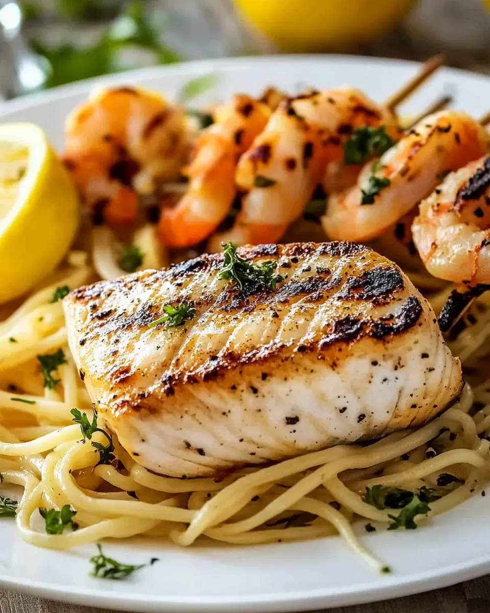 Gegrillter Schwertfisch mit Scampispießen und Linguine First Image First Image