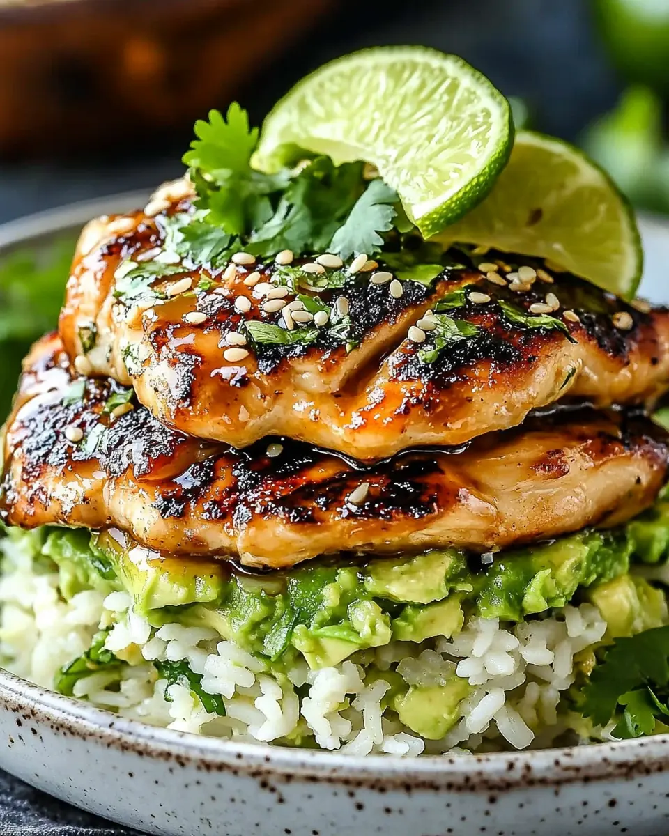Honig-Limetten-Hühnchen mit Avocado-Reis-Stack: A Juicy Delight!