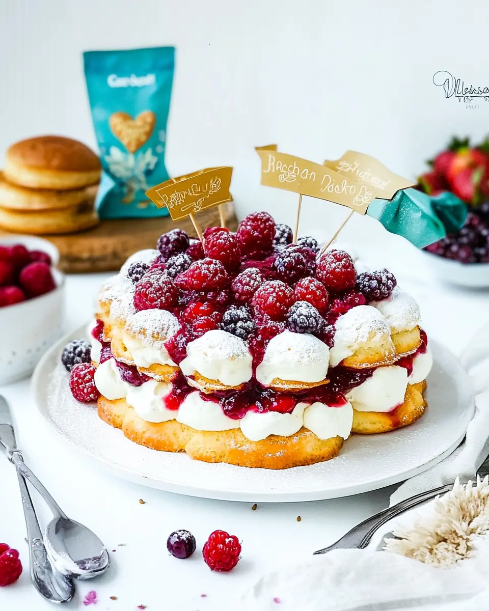 Windbeuteltorte mit Sahne-Joghurt-Creme und Roter Grütze First Image First Image