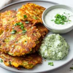 Zucchini-Kartoffel-Puffer mit veganem Kräuterdip First Image First Image