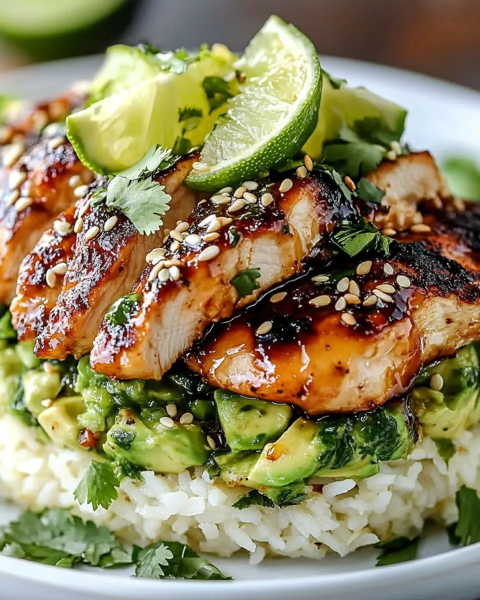 Honig-Limetten-Hühnchen mit Avocado-Reis-Stack: A Juicy Delight!