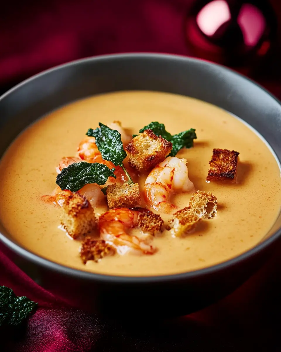 Hummercremesuppe mit Knoblauch-Croûtons, Garnelen: Pure Genuss