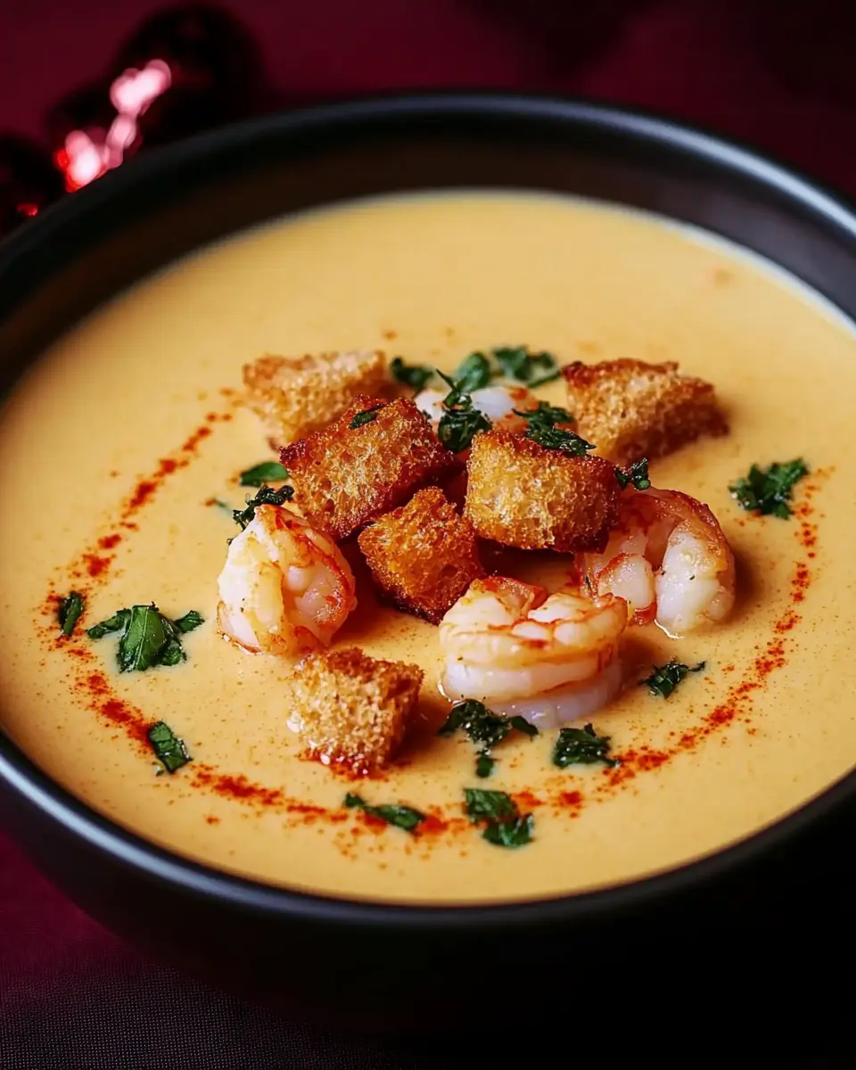 Hummercremesuppe mit Knoblauch-Croûtons, Garnelen: Pure Genuss