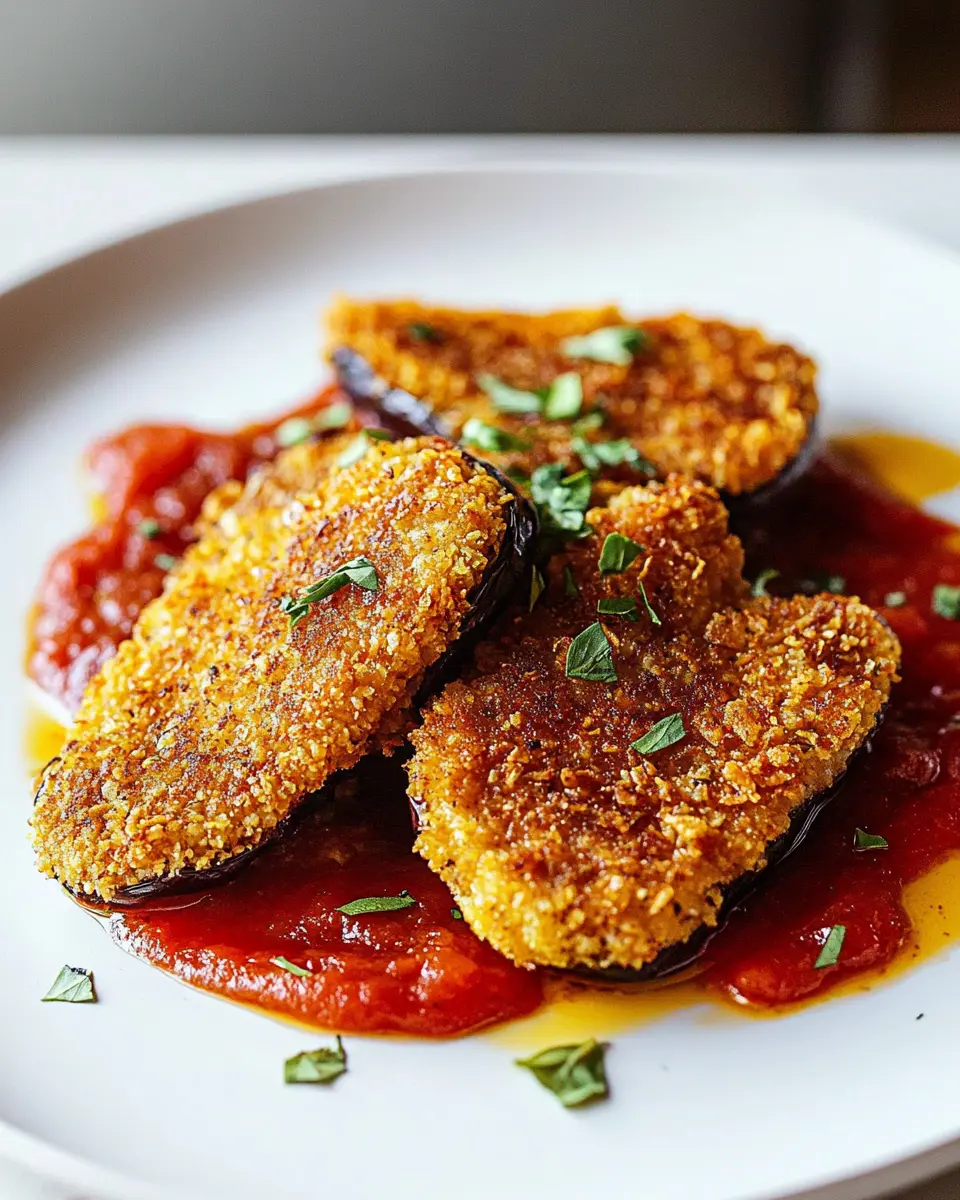 Auberginen-Schnitzel mit Cornflakes-Panade und Tomatensauce First Image First Image