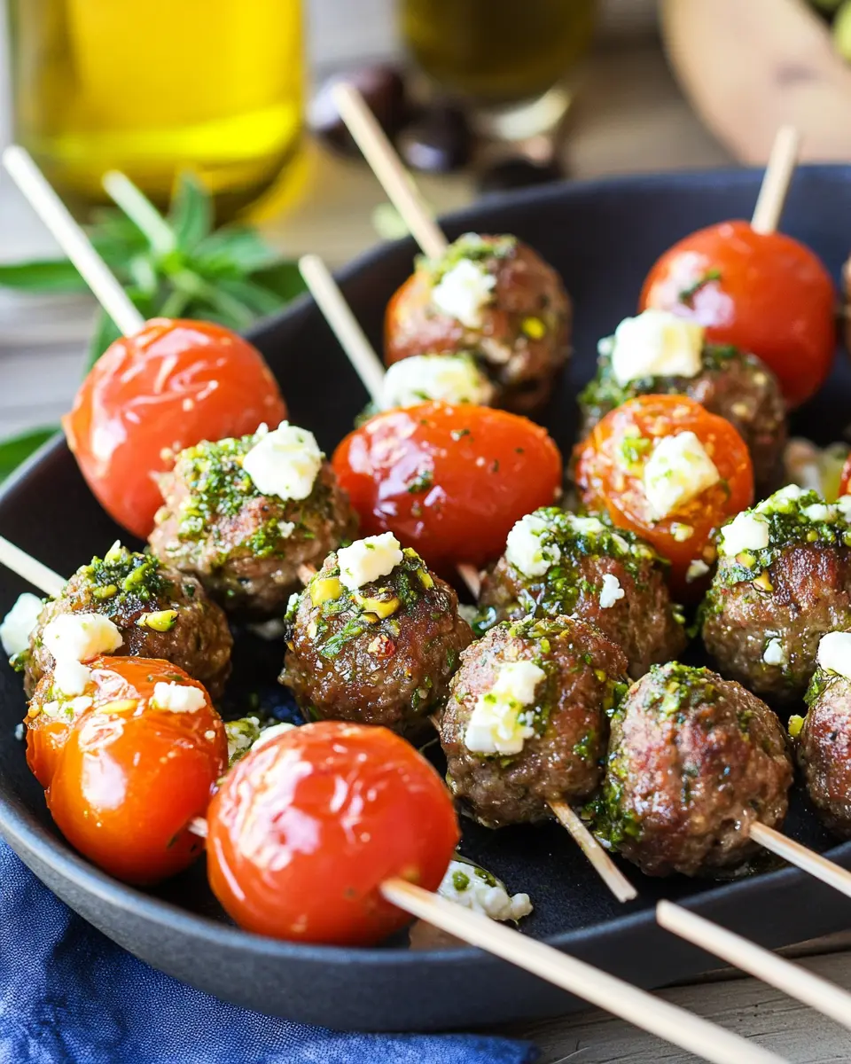 Pistazien-Buletten auf Kirschtomaten-Feta-Spießchen Delight