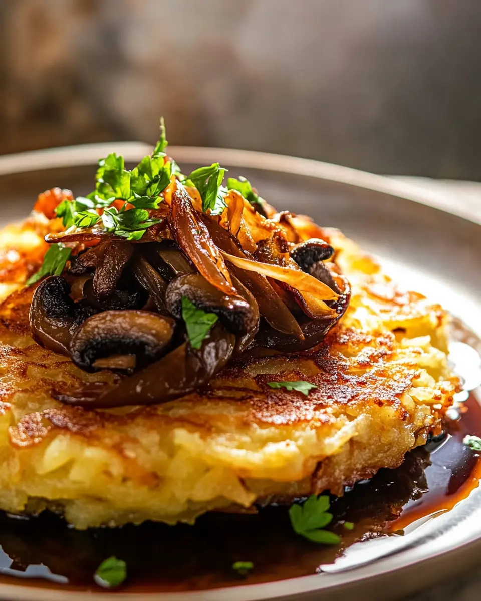 Rösti mit karamellisierten Zwiebeln und sautierten Champignons First Image First Image