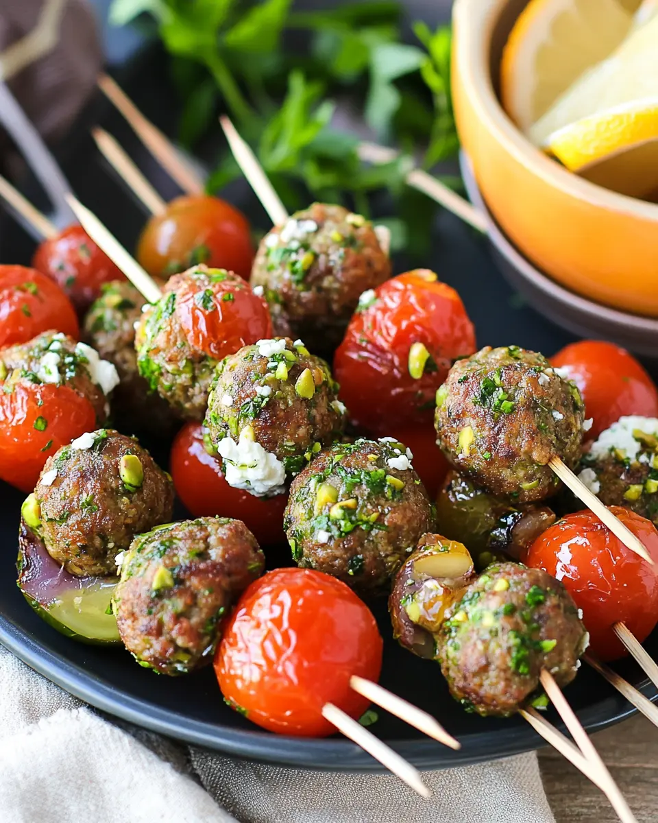 Pistazien-Buletten auf Kirschtomaten-Feta-Spießchen Delight