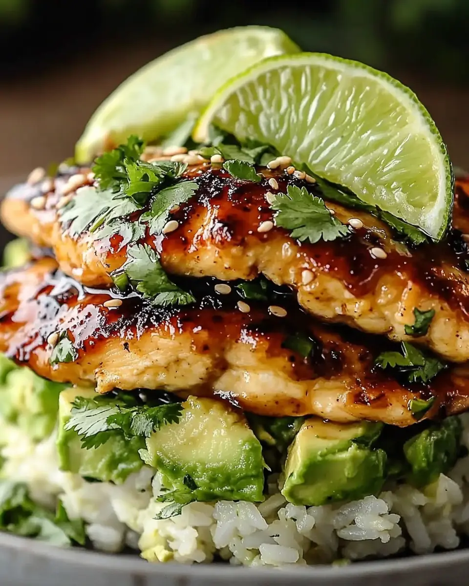 Honig-Limetten-Hühnchen mit Avocado-Reis-Stack First Image First Image