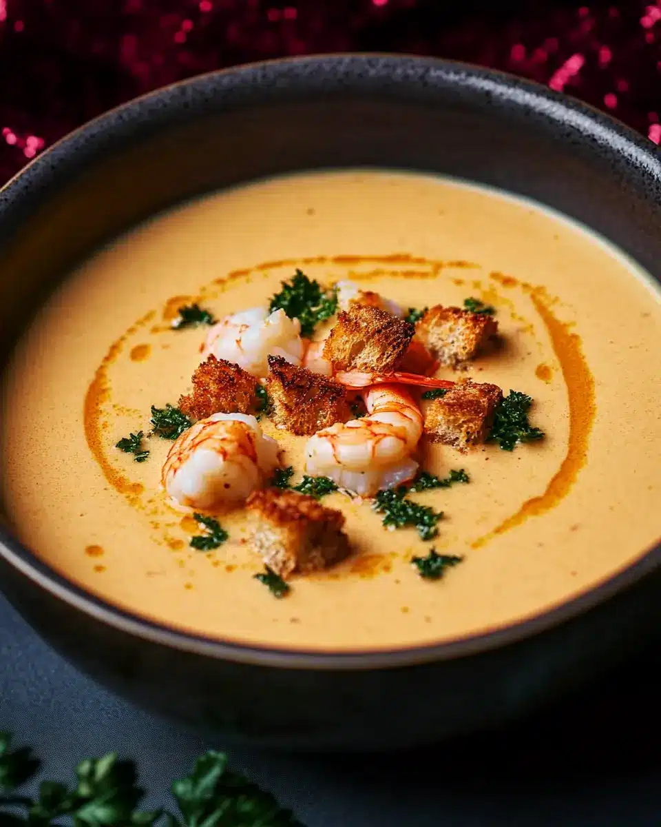 Hummercremesuppe mit Knoblauch-Croûtons, Garnelen: Pure Genuss