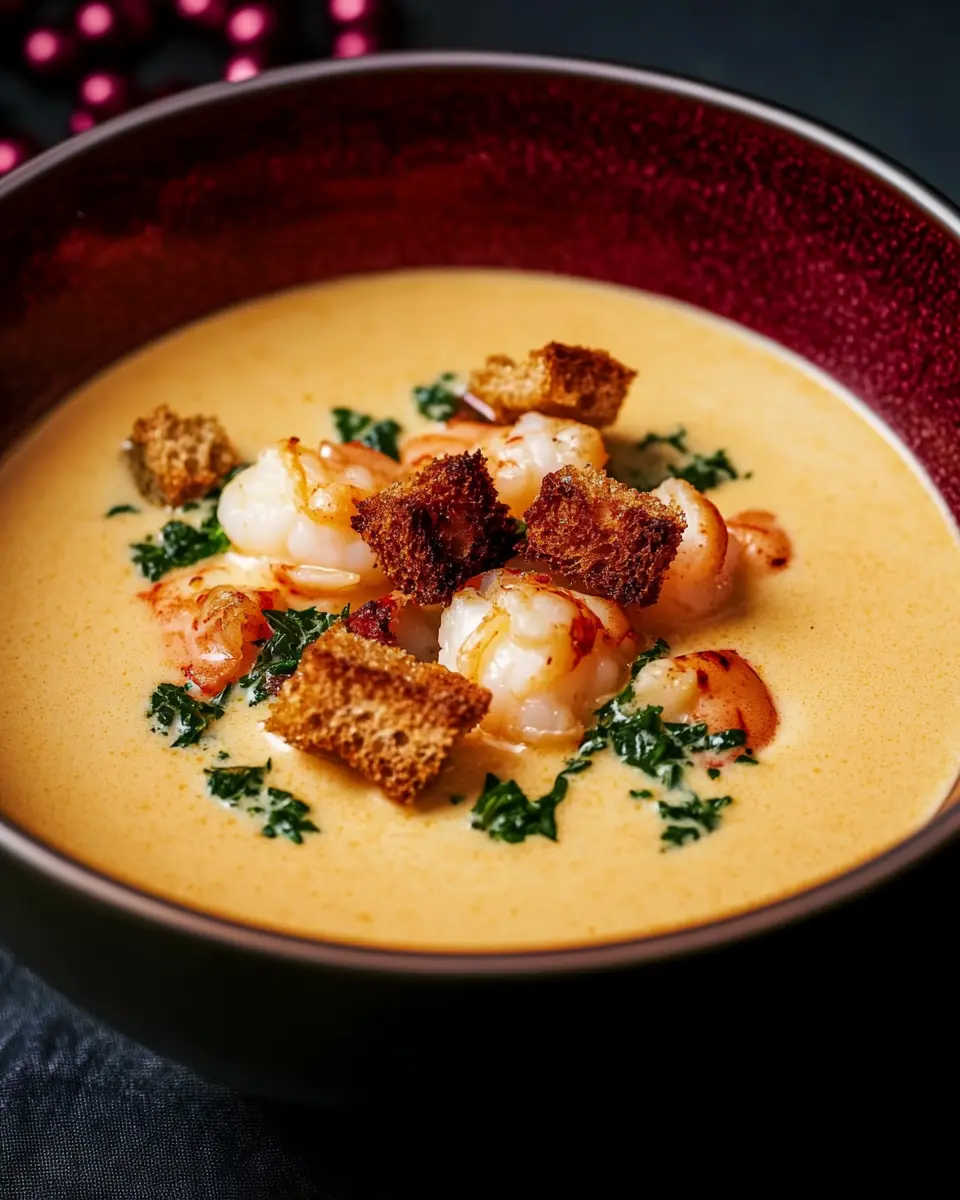 Hummercremesuppe mit Knoblauch-Croûtons, Garnelen First Image First Image