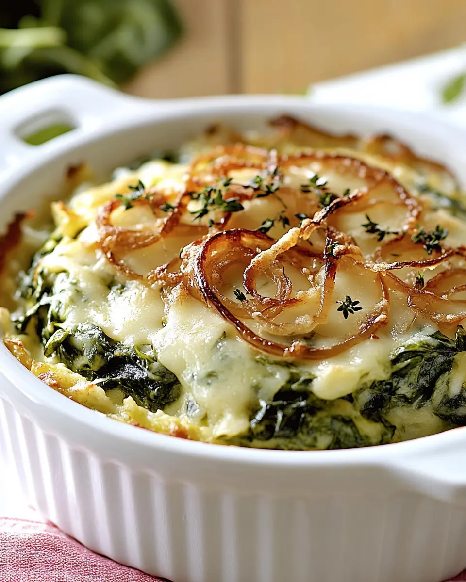 Spinatspätzli-Gratin mit Käse und Zwiebeln
