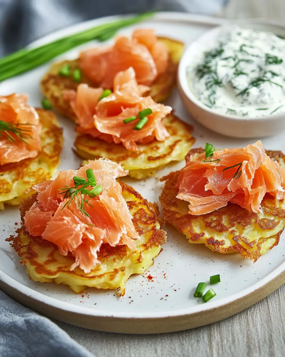 Knusprige Kartoffelpuffer mit Lachs & cremigem Dill-Dip First Image First Image
