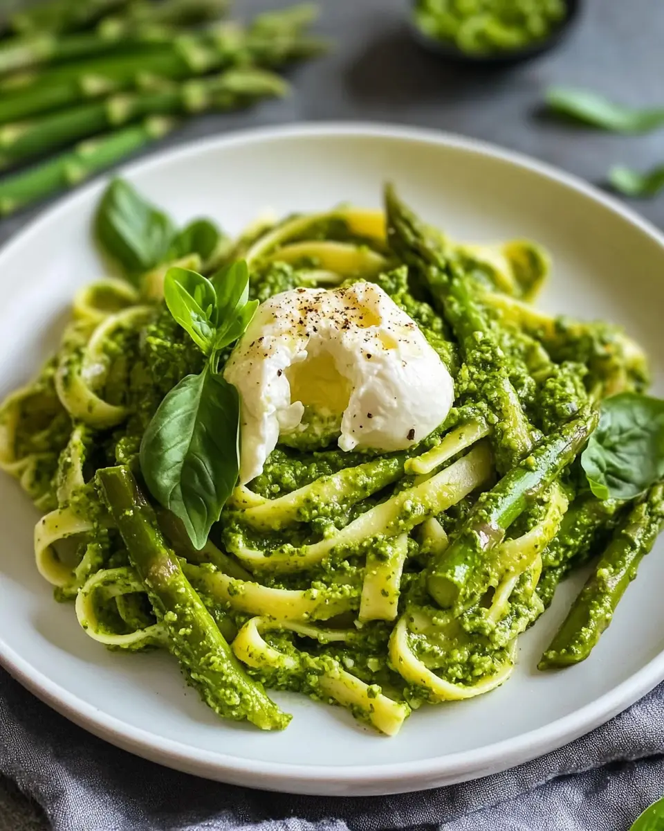 Pasta mit Bärlauchpesto, grünem Spargel und Burrata First Image First Image