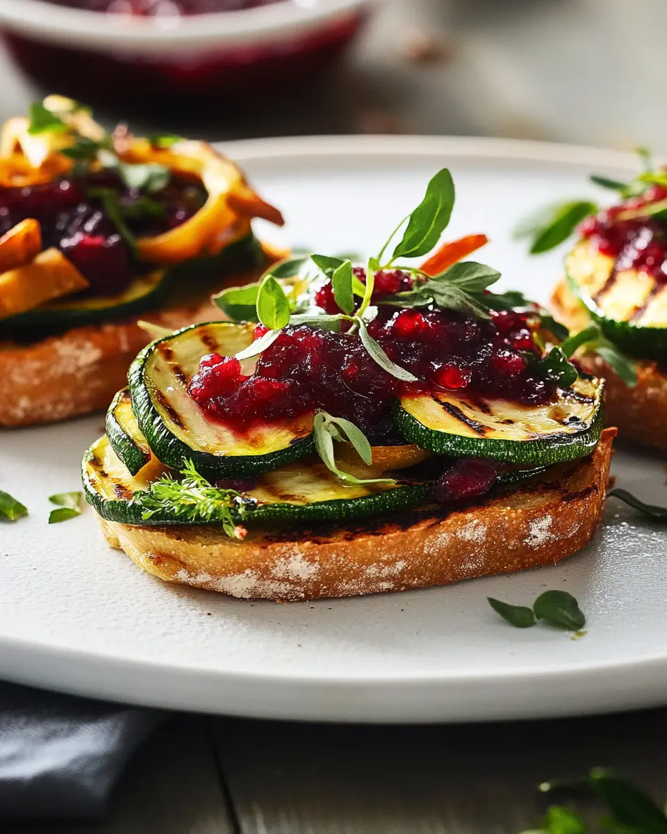 Schwedische Bruschetta mit gegrillter Zucchini und Cranberry-Sauce First Image First Image
